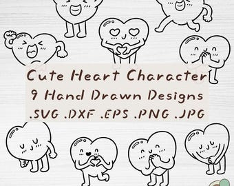 Heart Character SVG Bundle, 9 Hand Drawn Valentine Clipart Cut Files (Digital Download)