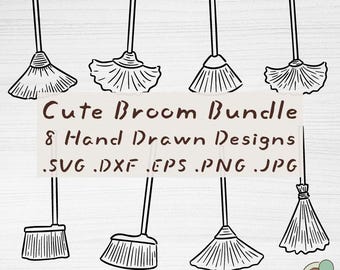 Broom SVG Bundle, 8 Hand Drawn Witch Halloween Clipart Cut Files (Digital Download)
