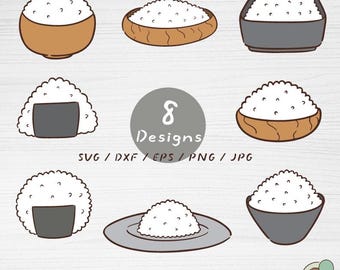 Paquete de imágenes SVG de cuencos de arroz y onigiri, imágenes prediseñadas de comida japonesa kawaii (descarga digital)