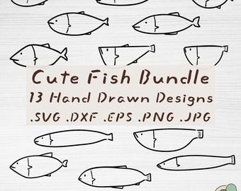 Paquete de archivos SVG de peces, 13 archivos de corte con contornos de vida marina dibujados a mano (descarga digital)
