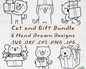 Paquete de gatos y regalos, 6 archivos de corte de gatitos dibujados a mano (descarga digital)
