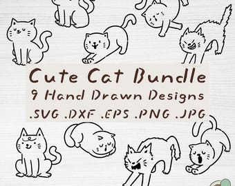 Paquete de archivos SVG de gatos, 9 archivos de corte con contornos de gatitos divertidos dibujados a mano (descarga digital)