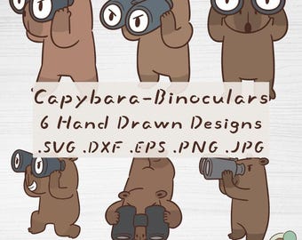 Paquete de imágenes SVG de prismáticos de capibara, 6 diseños de imágenes prediseñadas dibujadas a mano (descarga digital)