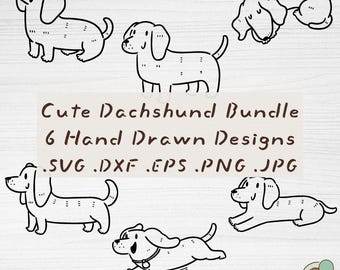 Dachshund SVG Bundle, 6 Hand Drawn Outline Wiener Dog Cut Files (Digital Download)