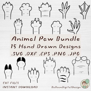 Djurtass SVG-paket, 15 handritade konturerade husdjursfotavtrycksklippfiler (digital nedladdning)