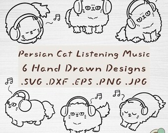 Persian Cat Music SVG Bundle, 6 Hand Drawn Outline Cut Files (Digital Download)
