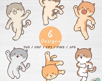 Paquete de imágenes SVG de gatos bailarines, 6 archivos de imágenes prediseñadas de gatitos kawaii (descarga digital)