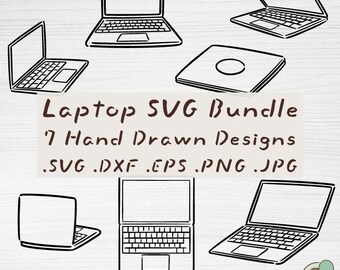 Paquete de archivos SVG para portátiles, 7 diseños de contornos de ordenador dibujados a mano (descarga digital)