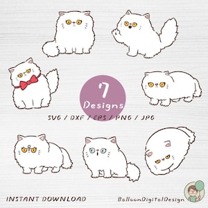May include: A digital design showcasing seven cartoon illustrations of white cats in different poses. The cats have yellow eyes and are outlined in black. The image includes the text "7 Designs" and file type options, such as SVG and PNG.