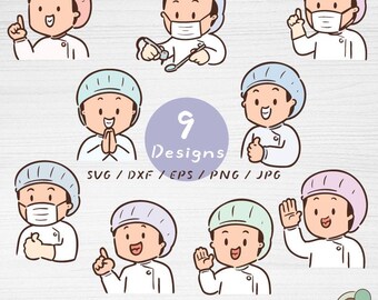 Paquete de archivos SVG para personal médico dental, 9 archivos de corte estilo Kawaii Doodle (descarga digital)