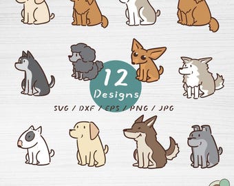 Paquete de imágenes SVG de razas de perros, 12 archivos de imágenes prediseñadas de cachorros dibujados a mano (descarga digital)