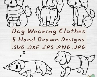 Dog Wearing Clothes SVG Bundle, 5 Hand Drawn Puppy Outline Cut Files (Digital Download)