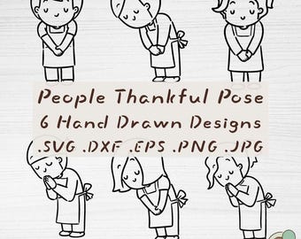 Archivos de corte SVG de personas en pose de agradecimiento, 6 diseños de reverencia dibujados a mano (descarga digital)