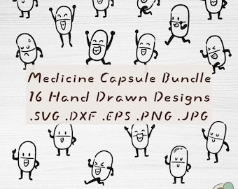 Paquete de imágenes SVG de cápsulas de medicamentos, 16 archivos de imágenes prediseñadas de pastillas divertidas dibujadas a mano (descarga digital)