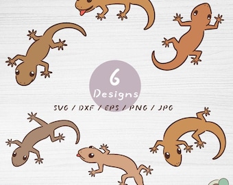 Paquete de imágenes SVG de geckos, 6 imágenes prediseñadas de lagartos kawaii dibujadas a mano (descarga digital)