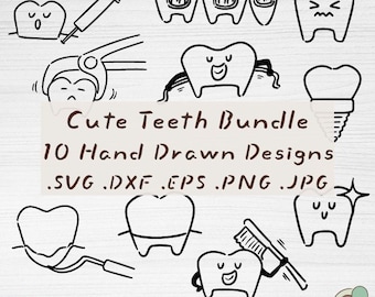 Paquete de imágenes SVG de dientes, 10 archivos DXF dibujados a mano, imágenes prediseñadas dentales para cortar (descarga digital)