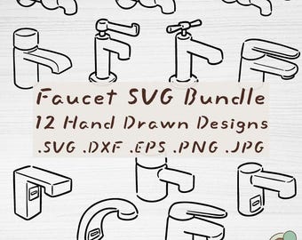 Paquete de archivos SVG de grifos, 12 diseños de grifos de agua dibujados a mano (descarga digital)