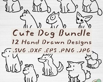 Paquete de imágenes SVG de perros, 12 archivos de corte con contornos de cachorros dibujados a mano, imágenes prediseñadas de mascotas (descarga digital)