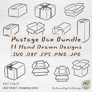 May include: A digital collection of 11 hand-drawn postage box illustrations in black ink on a white background. The text reads: Postage Box Bundle 11 Hand Drawn Designs .SVG .DXF .EPS .PNG .JPG. Includes various open and closed box shapes.
