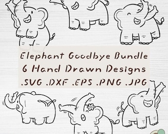 Paquete de imágenes prediseñadas de elefantes de despedida, 6 imágenes prediseñadas de elefantes bebés saludando, dibujadas a mano (descarga digital)