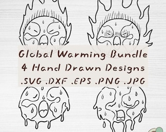 Paquete de imágenes SVG sobre el calentamiento global, 4 imágenes prediseñadas de la Tierra dibujadas a mano y el cambio climático (descarga digital)