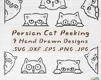 Persian Cat Peeking SVG Bundle, 9 Hand Drawn Outline Cut Files (Digital Download)