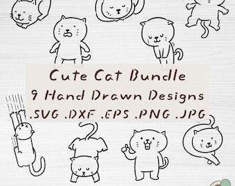 Paquete de imágenes prediseñadas de siluetas de gatos, 9 gatitos minimalistas dibujados a mano en formato SVG (descarga digital)