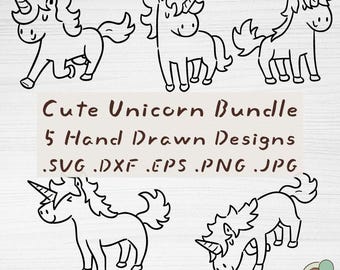 Unicorn SVG Bundle, 5 Hand Drawn Magical Pony Outline Cut Files (Digital Download)