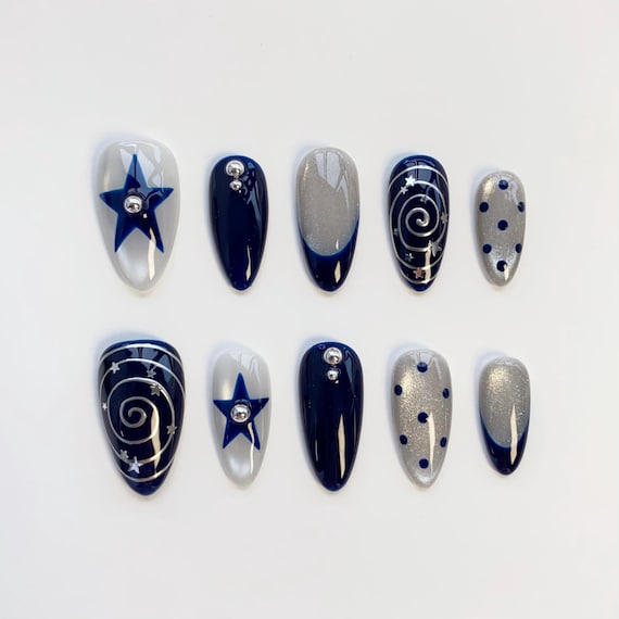Y2K Nails/KAWAII Nails/Star Press On Nails Long Almond Nails/Bling Silver Cat Eye Nails/Polka Dots Nails/Blue Nails/Silver Chrome Nails