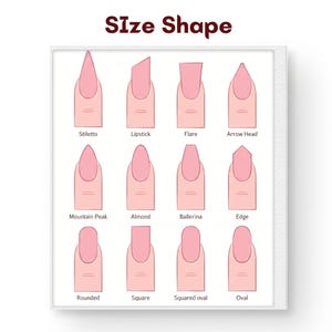 May include: A chart titled Size Shape displaying twelve illustrations of fingernails with different shapes and labels: Stiletto, Lipstick, Flare, Arrow Head, Mountain Peak, Almond, Ballerina, Edge, Rounded, Square, Squared oval, and Oval.