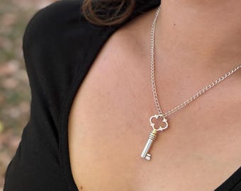 Silver key pendant necklace chastity keyholding 44cm (17.3 inches) chain 4cm (1.5inch) pendant