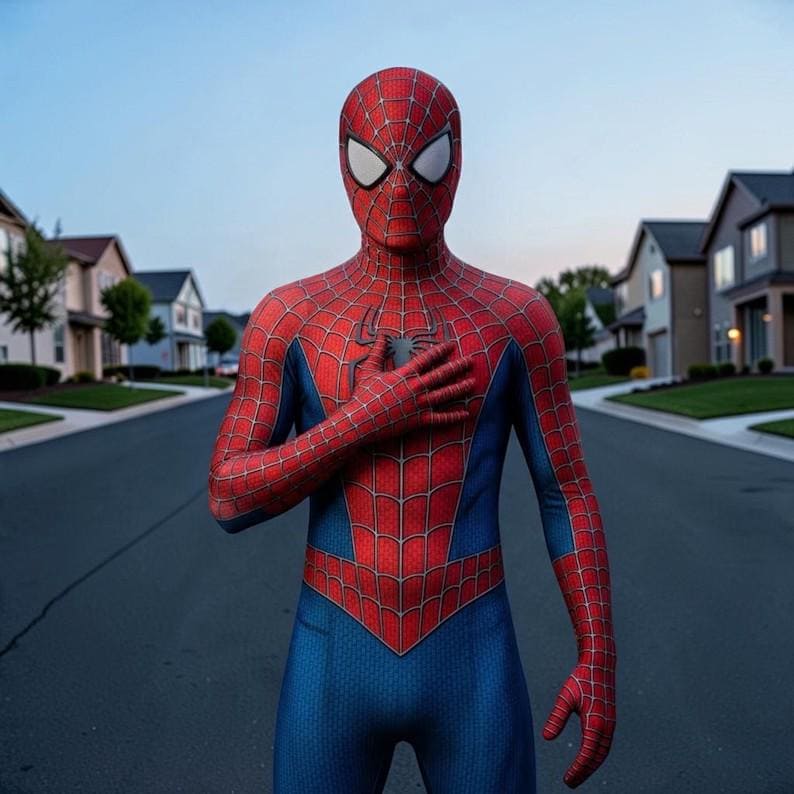May include: A full-body spandex suit featuring a red and blue color scheme with a black web pattern overlay. The chest displays a black spider emblem, and the mask includes large white eye lenses. The suit covers the head, torso, and arms.