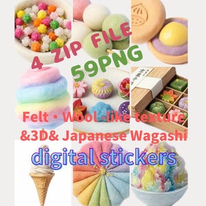 以下が含まれることがあります： フェルトのようなウール調の質感を再現した3Dの和菓子やスイーツのデジタルステッカー59点。星型のキャンディ、団子、最中、綿菓子、ソフトクリーム、かき氷などが含まれるPNGファイル形式のデジタル素材集。