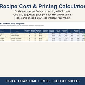 Puede incluir: Una plantilla de hoja de cálculo digital Recipe Cost & Pricing Calculator para Excel y Google Sheets. La interfaz muestra columnas para producto, receta, piezas por lote, embalaje, ingredientes, coste, precio sugerido y margen.
