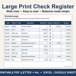 Puede incluir: Un registro de cheques en letra grande con filas anchas y texto claro. El documento incluye columnas para fecha, número de cheque, descripción, pago, estado, depósito y saldo, junto con una página de ejemplo con datos ficticios.