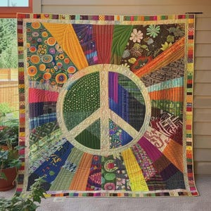 Colorful Peace Sign Symbols Patchwork Quilt Blanket, Hippie Style Boho Fleece Throw, Vibrant Retro Home Decor, Artistic Spiritual Gift Wrap