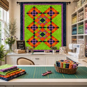 Bright Geometric Quilt Pattern PDF | Modern Neon Patchwork Quilt Tutorial | Colorful Star Quilt Sewing Pattern | Beginner Friendly Quilt