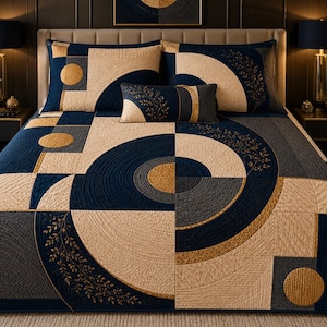 May include: A bedding set featuring a quilt and three pillows with a geometric pattern of navy blue, beige, and gold circles and rectangles. The fabric displays a quilted texture with subtle leaf motifs integrated into the circular designs.