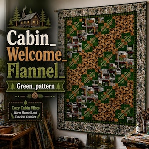 May include: A large green and brown flannel quilt with a cabin theme. The quilt features a patchwork design with squares of green plaid and brown patterns. The words "Cabin Welcome Flannel" are displayed with the text "Green Pattern".
