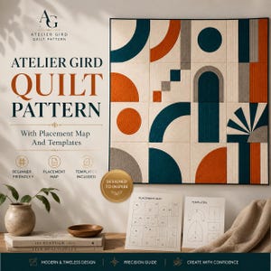 以下が含まれることがあります： Atelier Gird Quilt Patternというタイトルのキルトパターン。配置図とテンプレート付き。キルトはクリーム色の背景にオレンジ、ダークティール、グレーの幾何学模様のグリッドが特徴。配置図とテンプレートシートが含まれています。