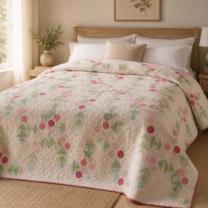 May include: A cream-colored quilt featuring a repeating pattern of small pink, green, and teal geometric shapes, including hexagons and triangles. The quilt has a textured, quilted surface and is draped over a bed with white pillows.