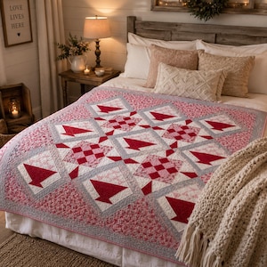 Op de afbeelding: Een quilt met een herhalend geometrisch patroon van rode en witte stoffen blokken. Het ontwerp bevat afwisselende vierkanten van effen rode vormen en rood-wit geblokte patronen, omrand door lichtgrijze stoffen stroken op een witte achtergrond.