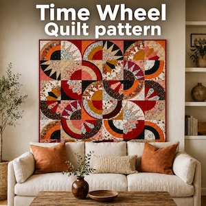 Puede incluir: Un edredón grande y colorido con un diseño geométrico cuelga sobre un sofá color crema. El edredón presenta un patrón repetitivo de semicírculos en tonos de rojo, naranja, negro y estampados florales. El texto "Time Wheel Quilt pattern" es visible.