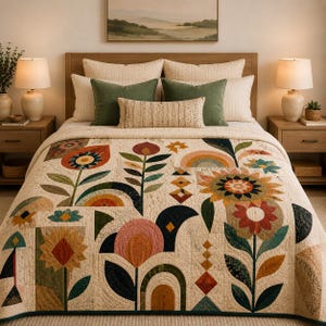 May include: A beige quilt with a floral design featuring large flowers, rainbows, and geometric shapes in shades of orange, red, green, and blue. The quilt is on a bed with green and beige pillows and a wooden headboard.