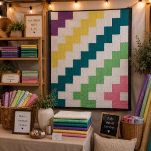 Op de afbeelding: Een grote wandquilt met een diagonaal trappenpatroon in paars, geel, groenblauw, groen en roze op een witte achtergrond. De display bevat stapels gevouwen stoffen, rieten manden en ingelijste bordjes met tekst op een tafel.