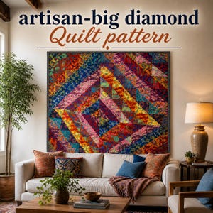 May include: A large, colorful quilt with a diamond pattern hangs above a white sofa. The quilt features a vibrant mix of colors, including pink, blue, yellow, and red. The text "artisan-big diamond Quilt pattern" is at the top of the image.