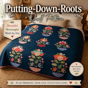 May include: A dark blue quilt featuring a repeating pattern of colourful floral motifs in patterned pots. The text reads: Putting-Down-Roots Quilt Pattern, Beautiful. Meaningful. Made by You. Patchwork Appliqué Design, PLANT MEMORIES. GROW LOVE. STITCH YOUR STORY.