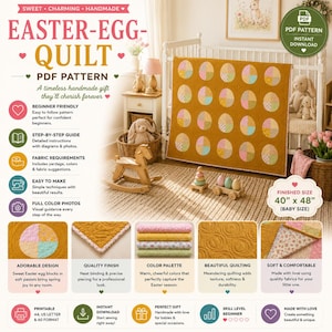 May include: A PDF pattern for an Easter-egg quilt featuring a mustard yellow background with repeating egg-shaped blocks in pastel floral and geometric prints. The finished quilt measures 40 inches by 48 inches and includes detailed instructions.