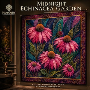 Op de afbeelding: Een grote, vierkante quilt met een bloemenontwerp van roze zonnehoeden met oranje centra tegen een donkerblauwe en groene achtergrond. De quilt is omlijst met een decoratieve rand en de tekst "MIDNIGHT ECHINACEA GARDEN".