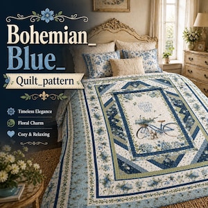 May include: A Bohemian Blue quilt pattern with floral and geometric designs. The quilt features a central panel with a bicycle carrying flowers and the text "Find the beauty in every day." The color palette includes blue, green, and white.